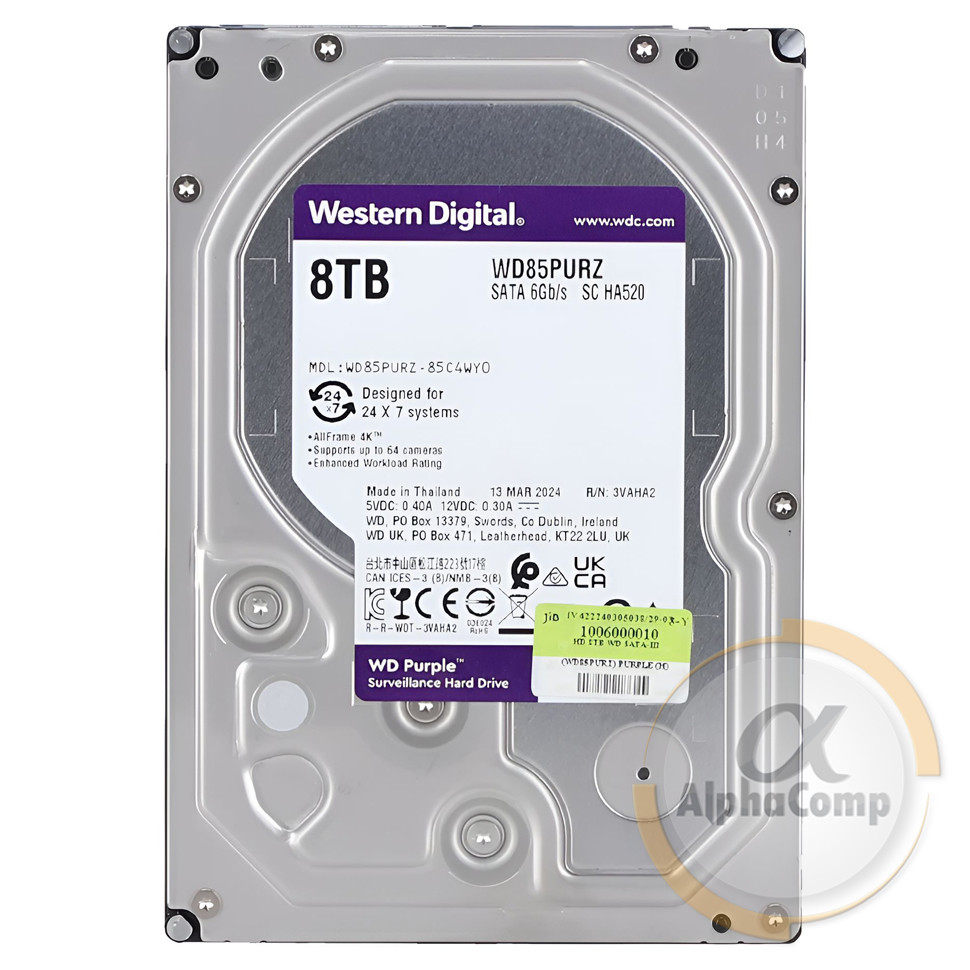 Жорсткий диск 3.5" 8Tb WD WD84PURZ Purple (128Mb • 5400 • SATA3) БВ