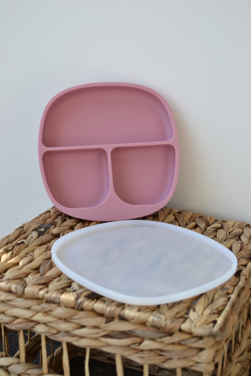 Тарілка силіконова секційна на присосці з кришкою, Dusty Rose, фото 1