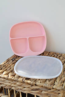 Тарілка силіконова секційна на присосці з кришкою, Rose Quartz