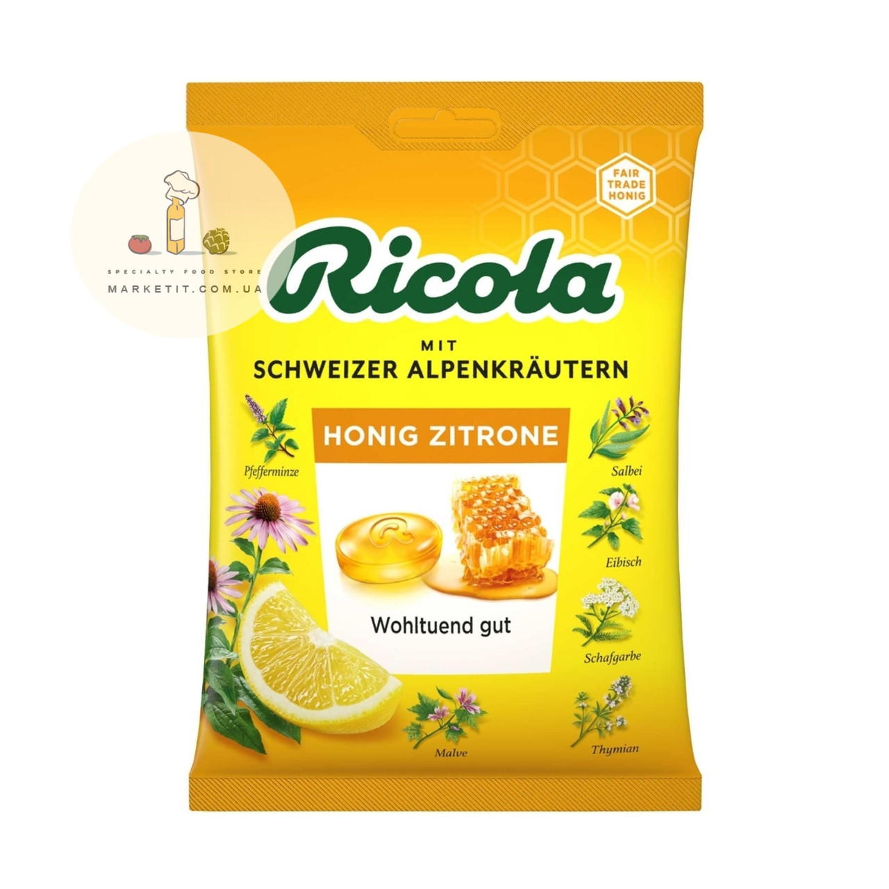 Льодяники Ricola Honig Zitrone, альпійські трави з натуральним лимонним соком і медом, без цукру 70 г., фото 1