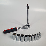 Набір торцевих головок з тріскачкою 1/4" 12в1, торцеві головки зі хромованадієвої сталі 12 шт DMU-12, фото 5