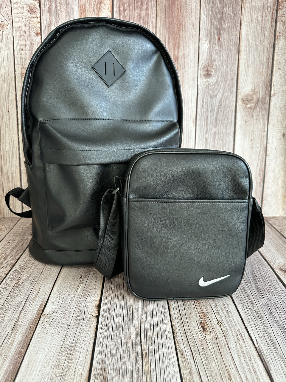 Чоловічий шкіряний комплект рюкзак + барсетка Nike (Найк) чорний шкіра