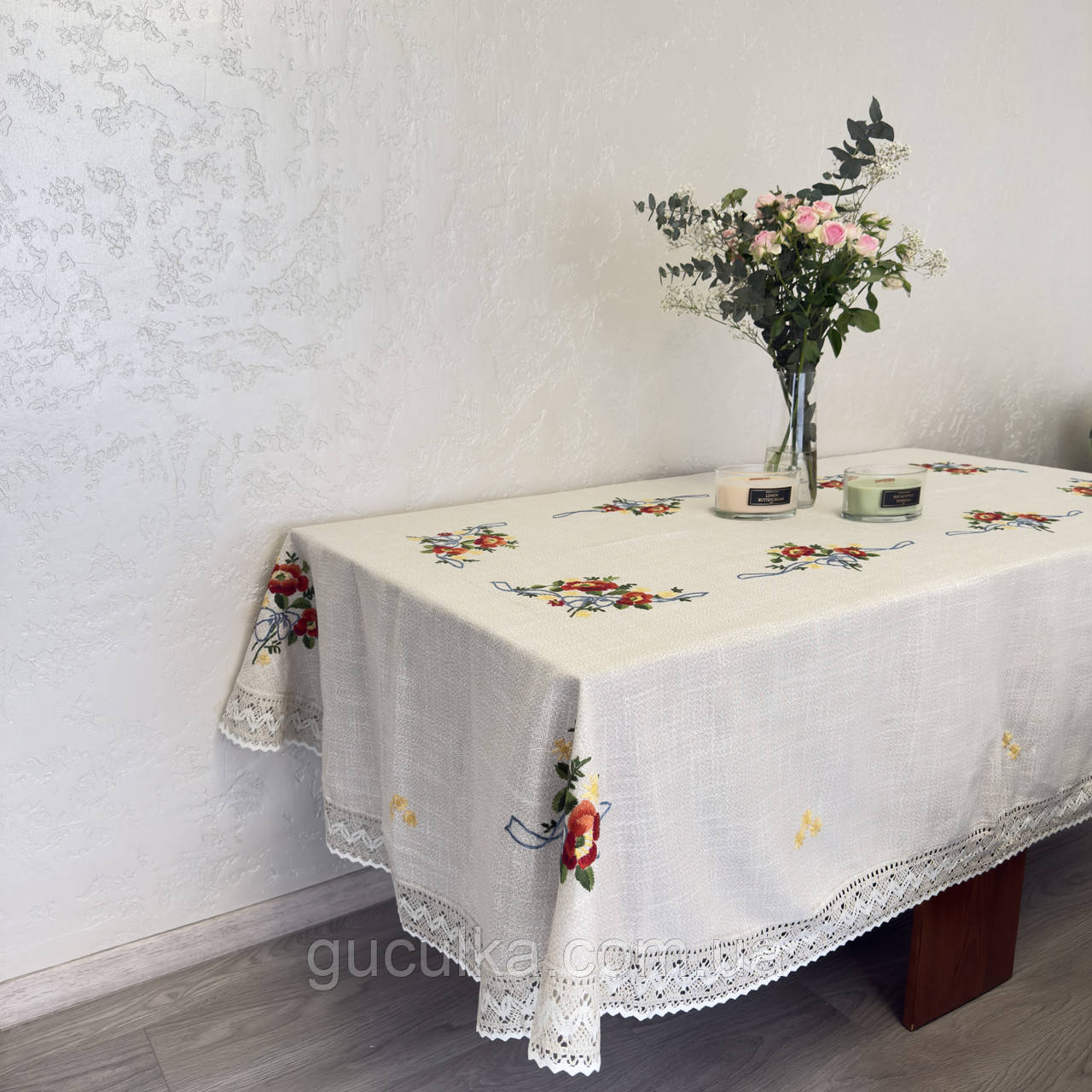 Cкатертина сіра вишита натуральний льон  овал 280*160, фото 1