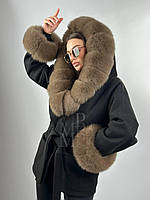 Женское черное кашемировое пончо, пальто с натуральным мехом финского песца. Премиум качество.