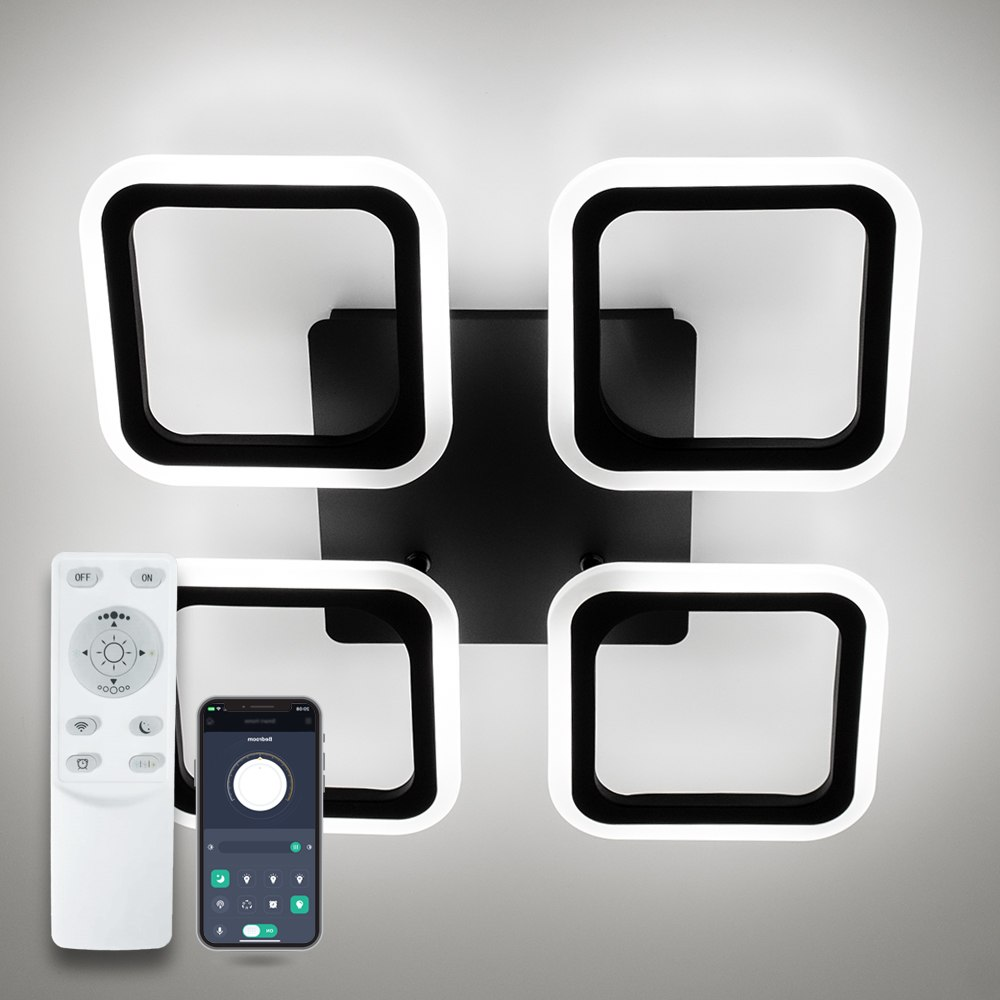 LED люстра ROOM 60W 4S BLACK чорна Luminaria світлодіодна з пультом та керуванням зі смартфона APP 388×388×73мм