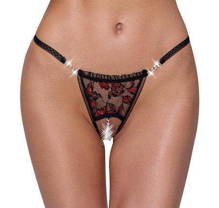 Мереживні стрінги Cottelli з ланцюжком перлів у відкритому доступі для стимуляції, чорні, M/L, фото 1