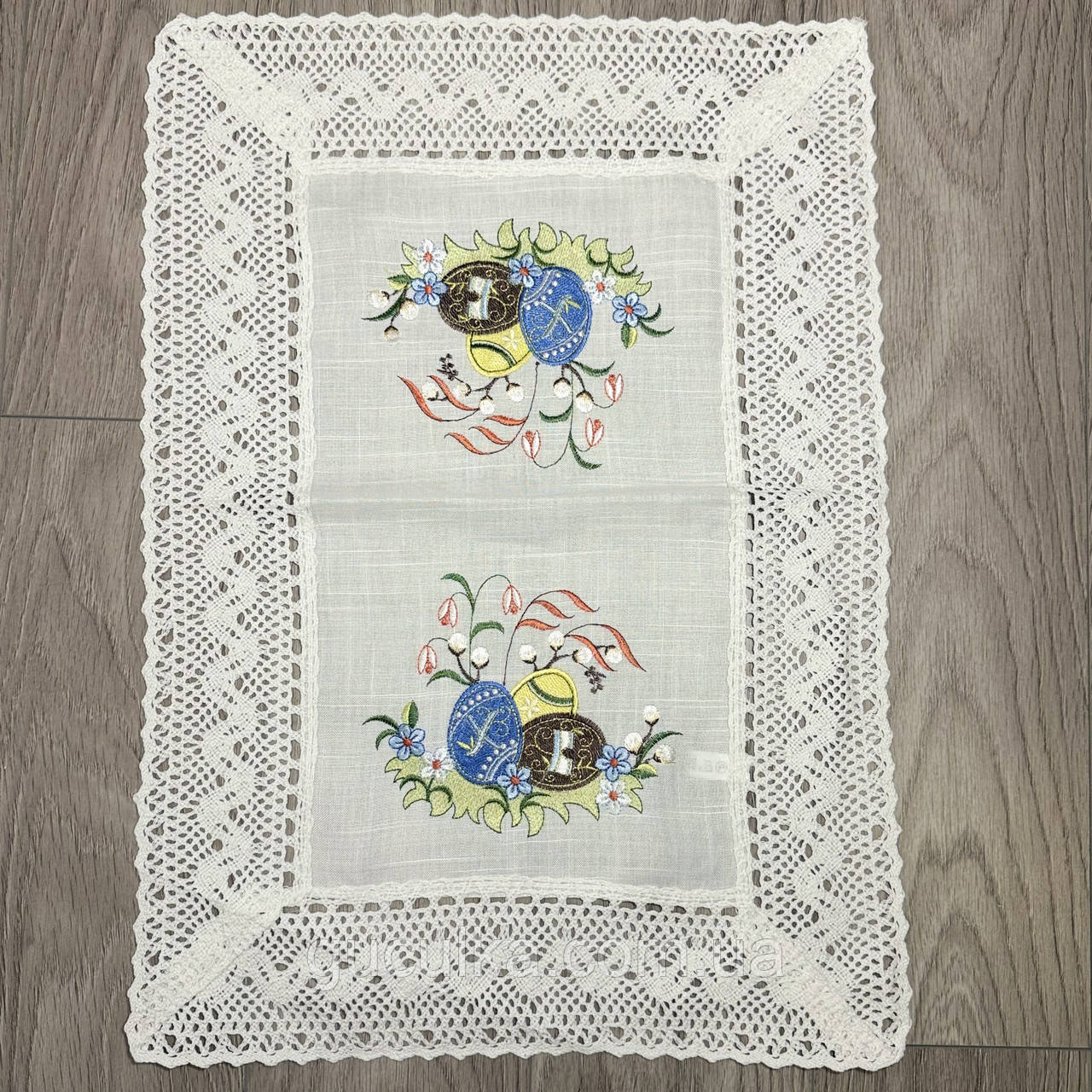 Серветка вишита "Пасхальна" з ажурним мереживом 60*40 см, фото 1