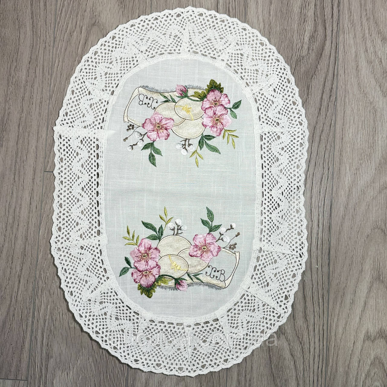 Вишита серветка з ажурним мереживом 60*40 см, фото 1