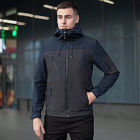 Чоловіча куртка soft shell Pobedov софтшелл Куртка демісезонна з капюшоном осінь весна чорна+синя