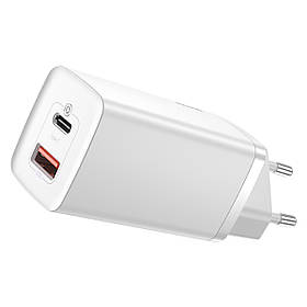 Мережевий зарядний пристрій блочок адаптер для телефона Baseus GaN2 Lite Quick Charger 65W (1 Type-C + 1 USB) Білий