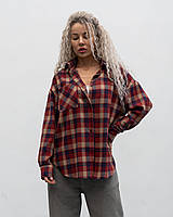 Стильная женская рубашка теплая в клетку, длинная рубашка оверсайз, рубашка в клетку красная