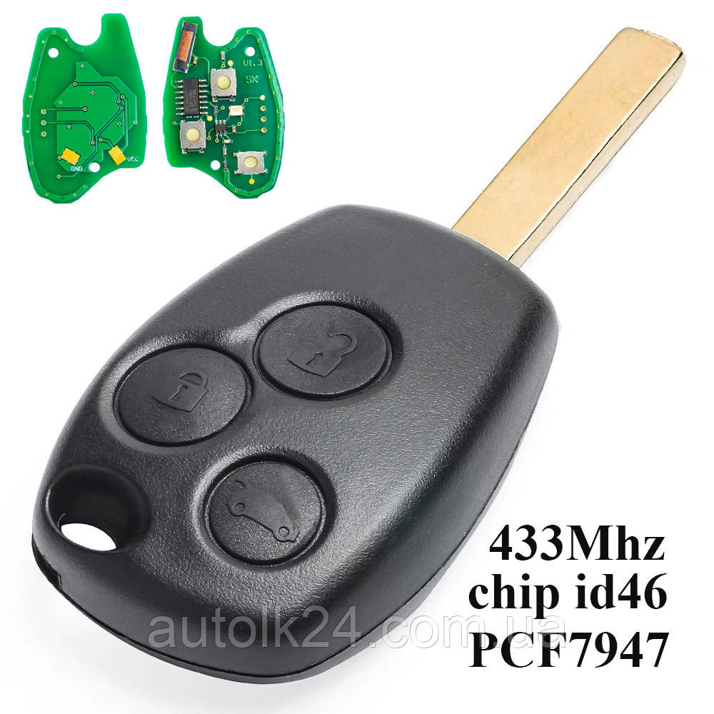 Ключ RENAULT 3 кнопки 434Mhz ID46 PCF7947 лезо VA2