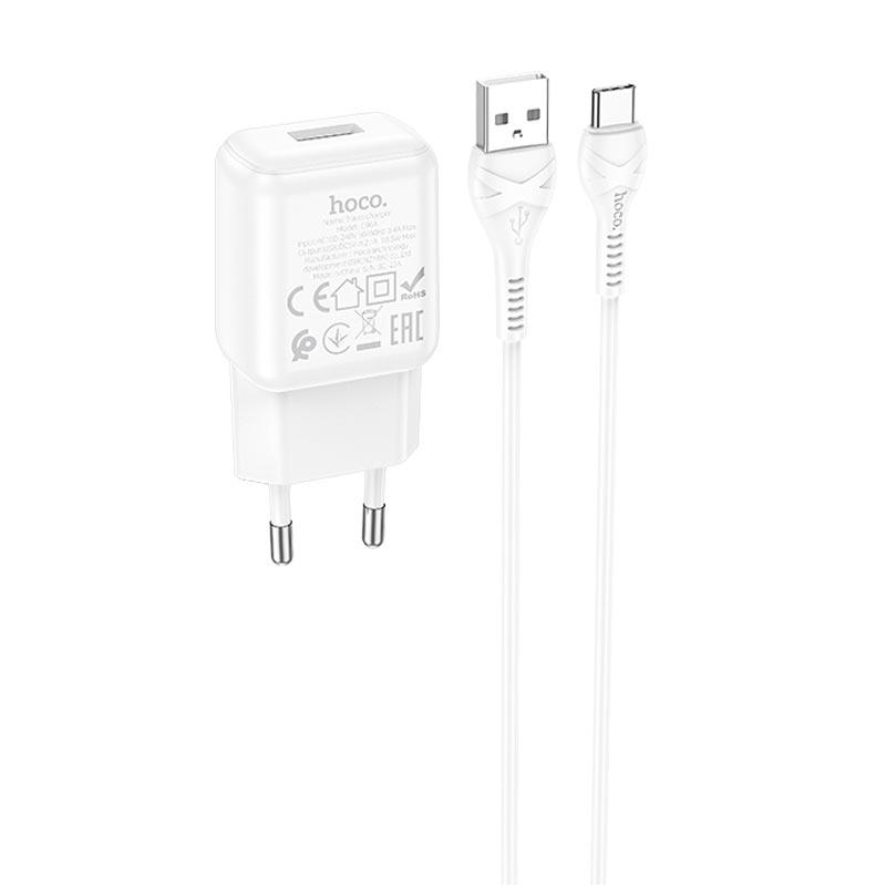 Адаптер сетевой HOCO Type-C cable single port charger set C96A |1USB, 2.1A| (6931474766038) white, фото 1