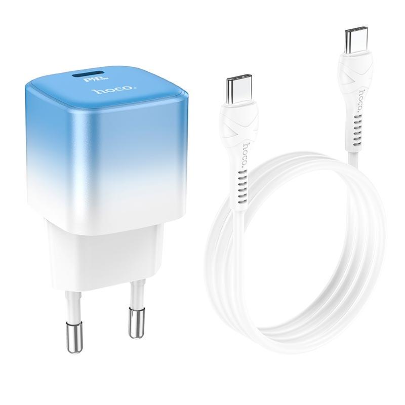 Адаптер сетевой HOCO Type-C to Type-C cable single port charge set C101A |Type-C, PD, 3A/20W| (6931474769398) blue, фото 1