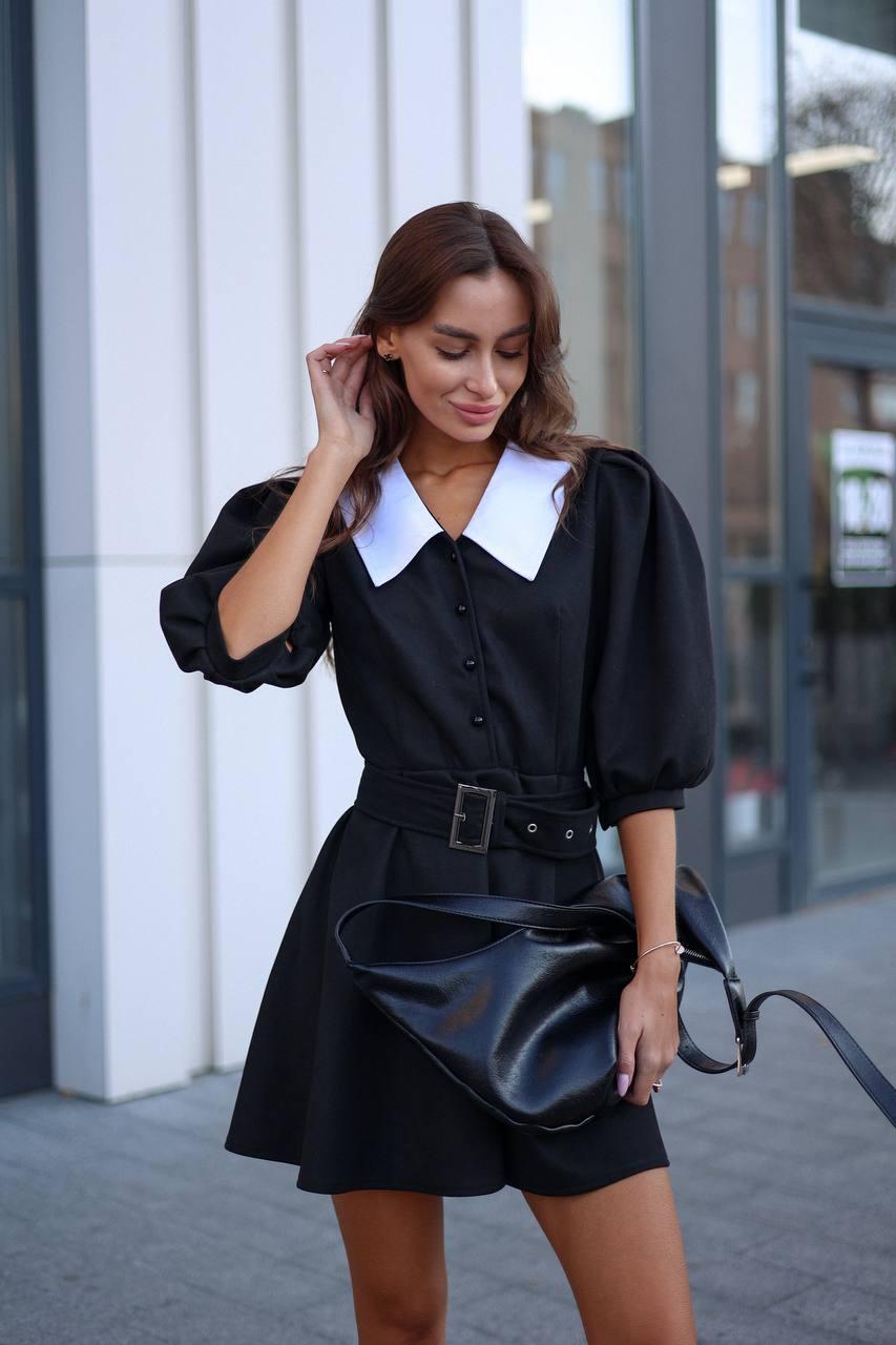 Замшева жіноча міні сукня з білим коміром і рукавами-ліхтариками Sms9308