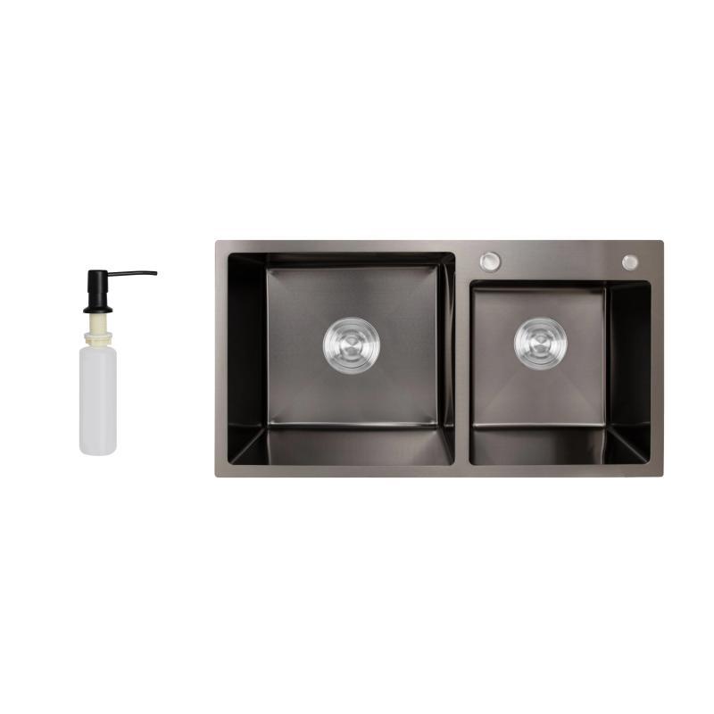 Мийка для кухні з двома чашами інтегрована Lidz Handmade H7843 (LDH7843BPVD45586) Brushed Black PVD, фото 1