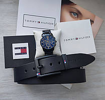 Чоловічий подарунковий набір Tommy годинник і шкіряний ремінь total black