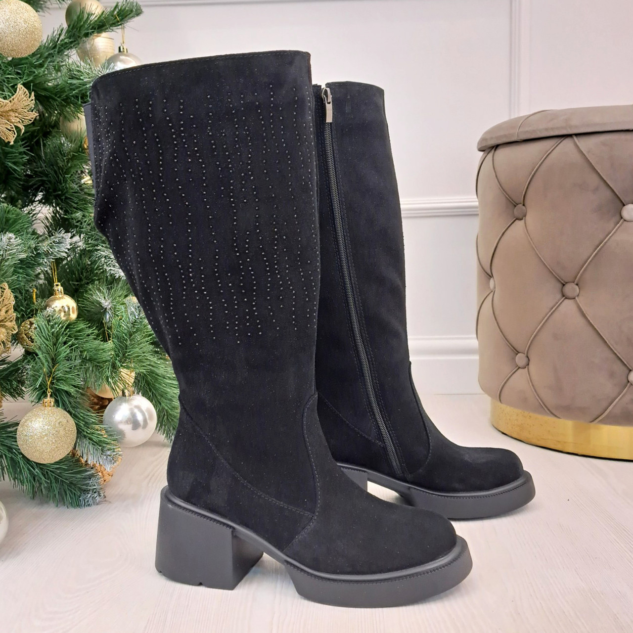 Чоботи замшеві жіночі із широкою халявою. Колір чорний. 38 розмір, гомілка 50 см, фото 1