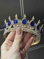 Корона металева для декору ЗОЛОТА з камінцями кольору ІНДІГО