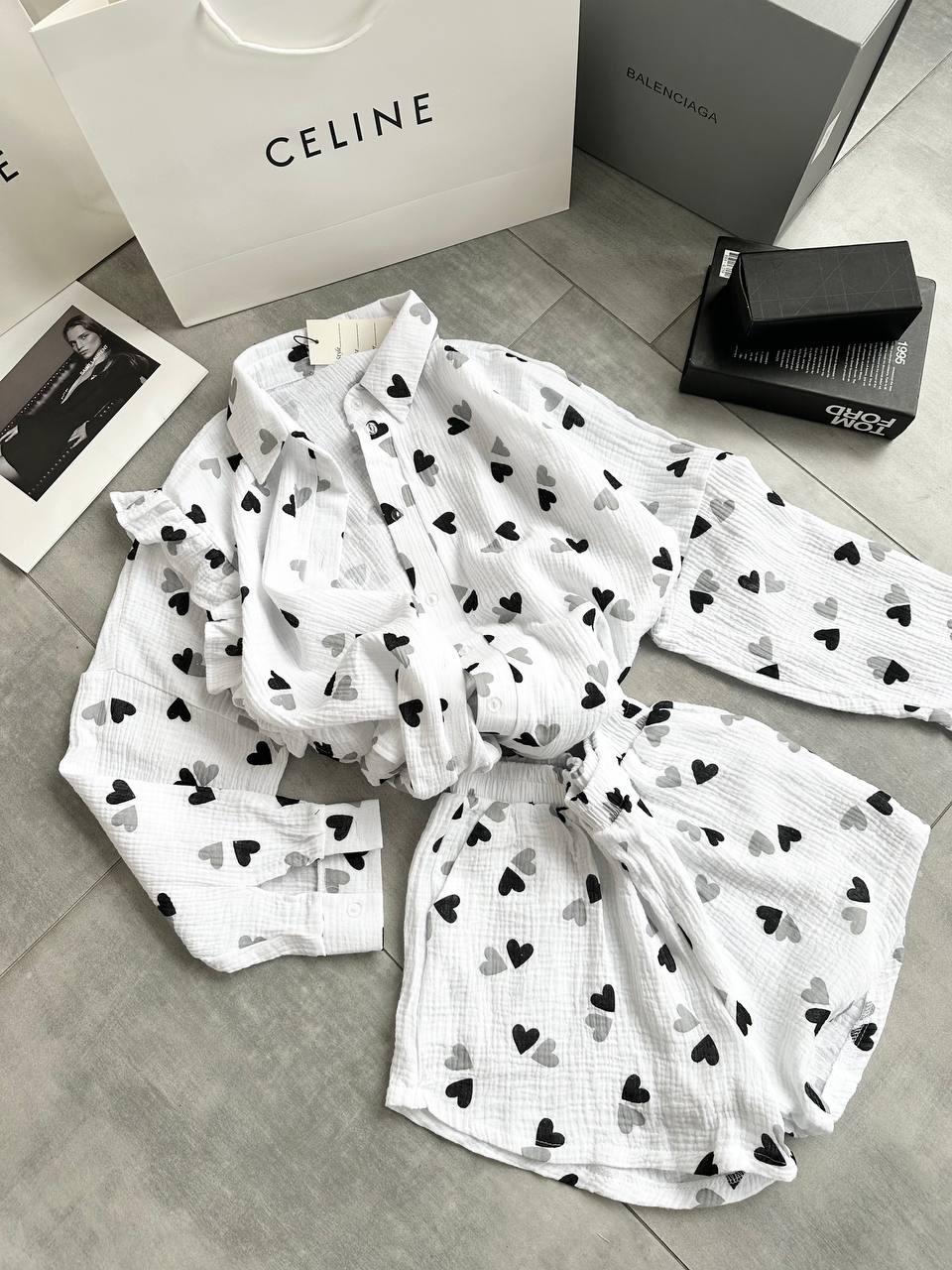 Натуральна жіноча стильна піжама шорти та сорочка в серці комплект Муслін 100% бавовна для сну на подарунок, фото 1