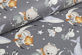 Ранфорс Кити, звірята, зоряне небо ГРАФІТ, ширина 240 см