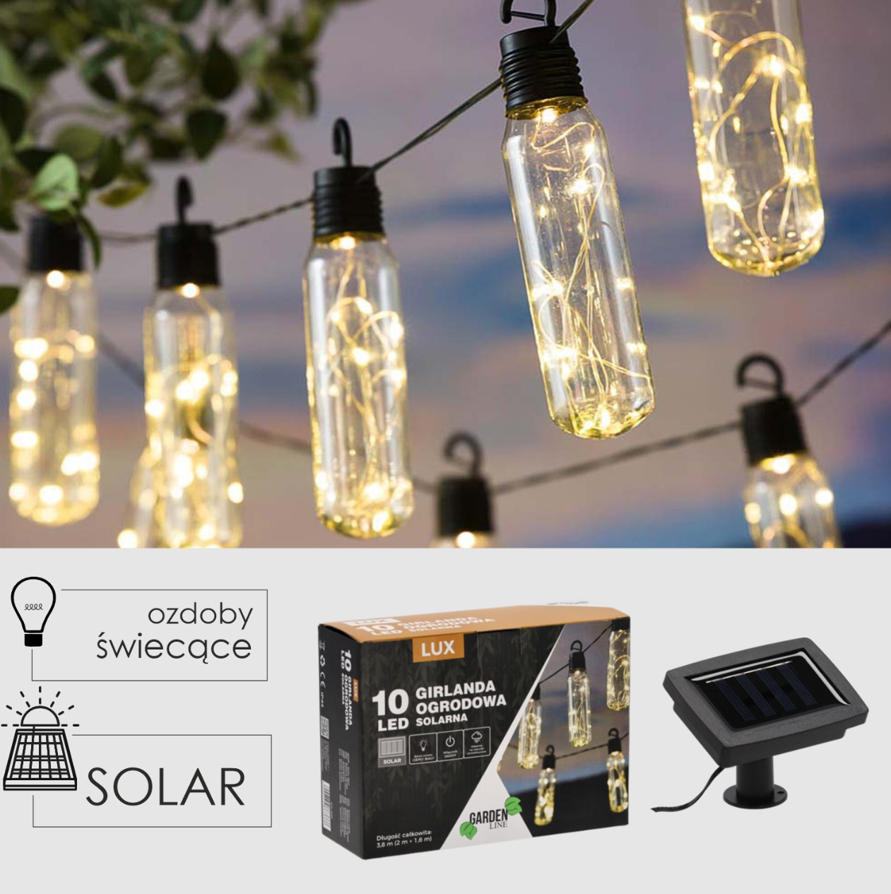 Декоративна садова гірлянда на сонячній батареї 3,8 м 10 LED GardenLine SOL3668 колір теплий-білий