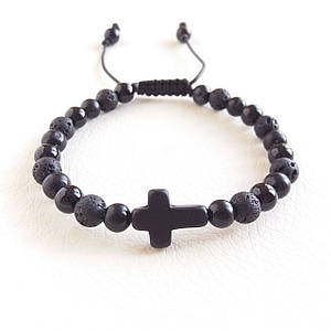 Браслет із Чорного агату d 6мм на шнурі.