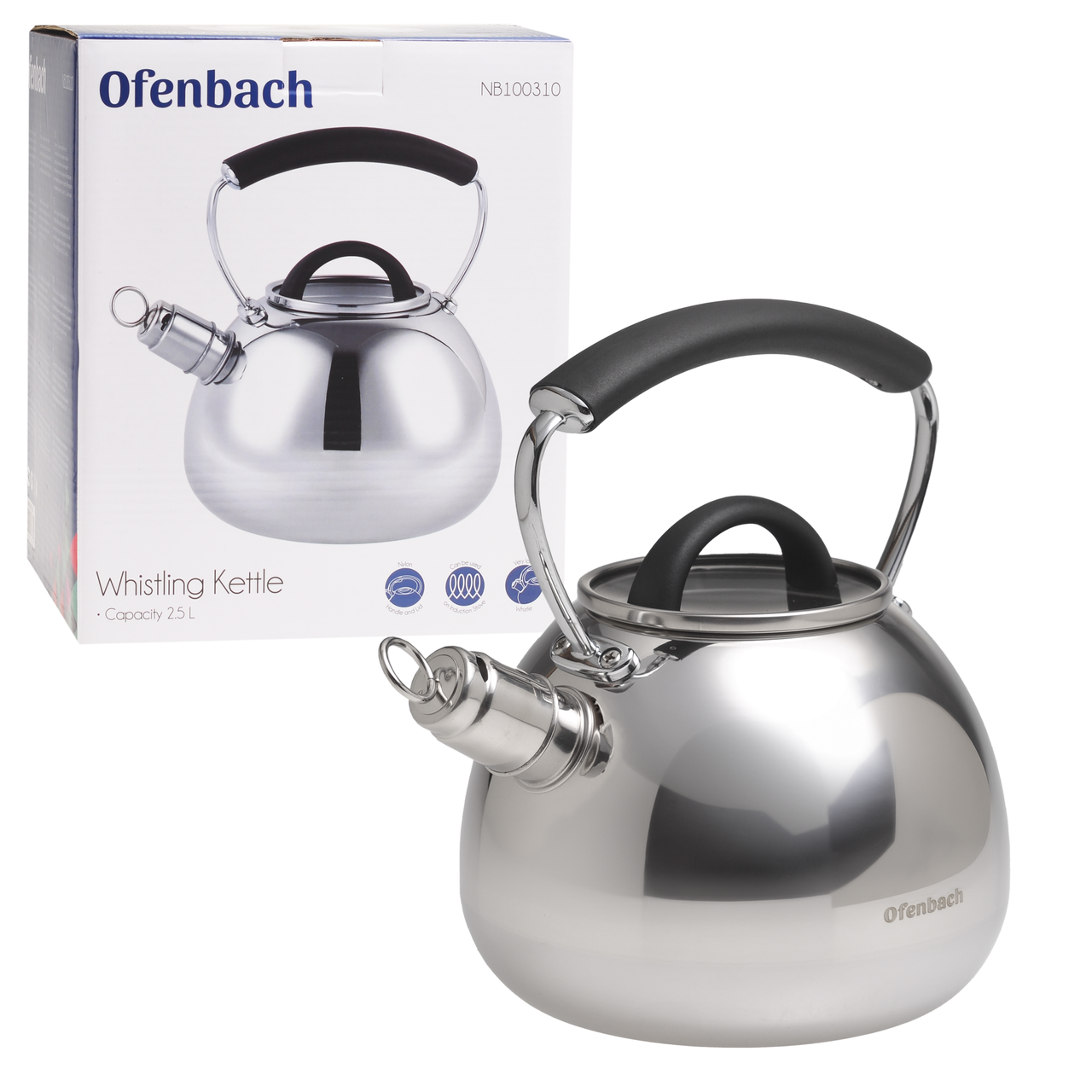 Чайник з нержавіючої сталі Ofenbach KM-100307 2.5л зі свистком і ручкою soft touch