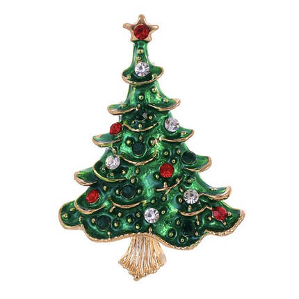 Брошка на золотистій основі ялинка з різнобарвними стразами покрита кольоровою емаллю розмір виробу 40Х30 мм, фото 1