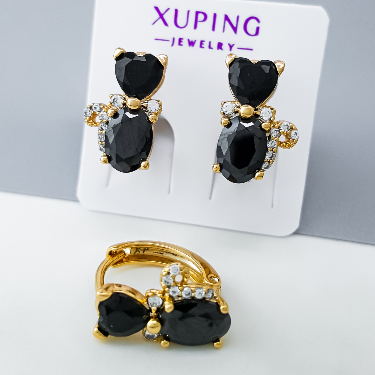 Сережки "Кошенята" з чорним цирконієм, медзолото Xuping позолота 18К