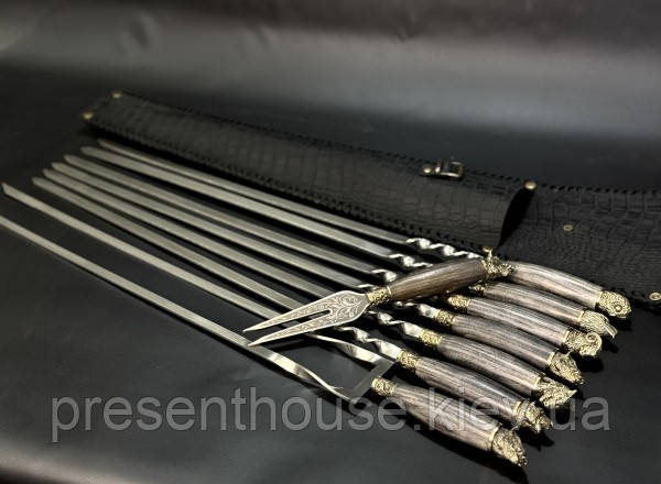 Набір шампурів ручної роботи "Мисливський" в сагайдаку з натуральної шкіри, фото 1