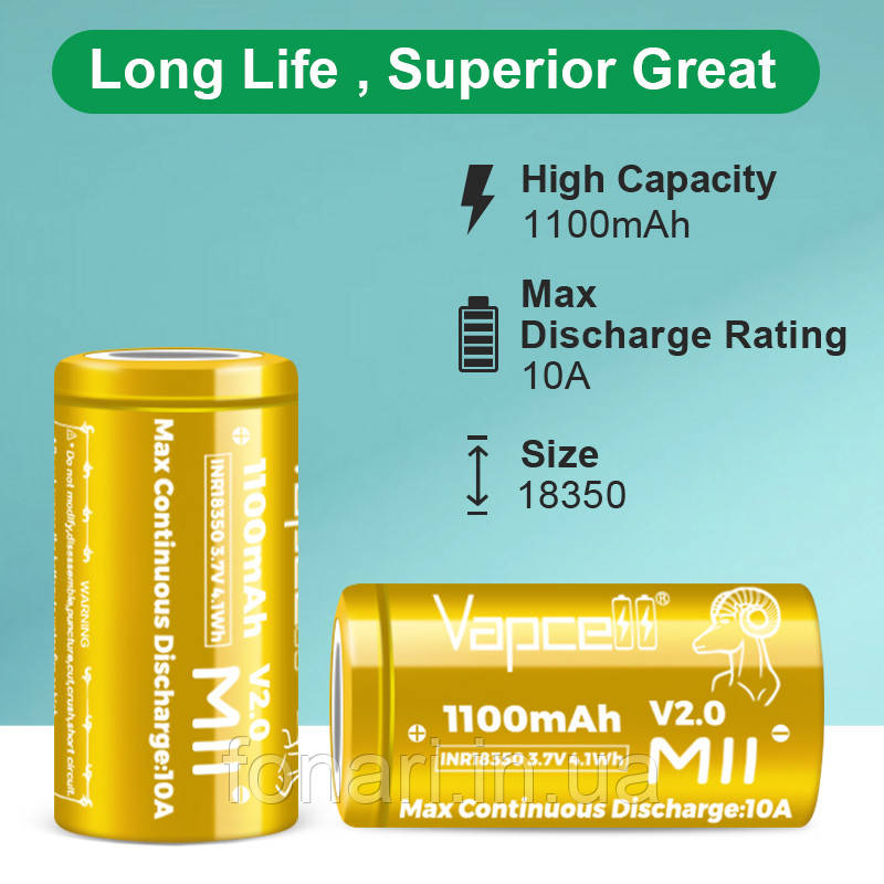 Акумулятор Vapcell INR18350 M11 V2.0 Li-Ion 18350, 1100 mAh високотоковий