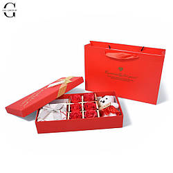 Розкішний подарунковий набір 7 в 1: 6 мильних троянд + ведмедик в преміальній упаковці