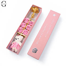 Подарунковий набір: мильні троянди 6шт, золота троянда1 шт, сувенірний ведмедик