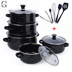 Набір емальованих каструль 5 штук зі скляною кришкою Чорний