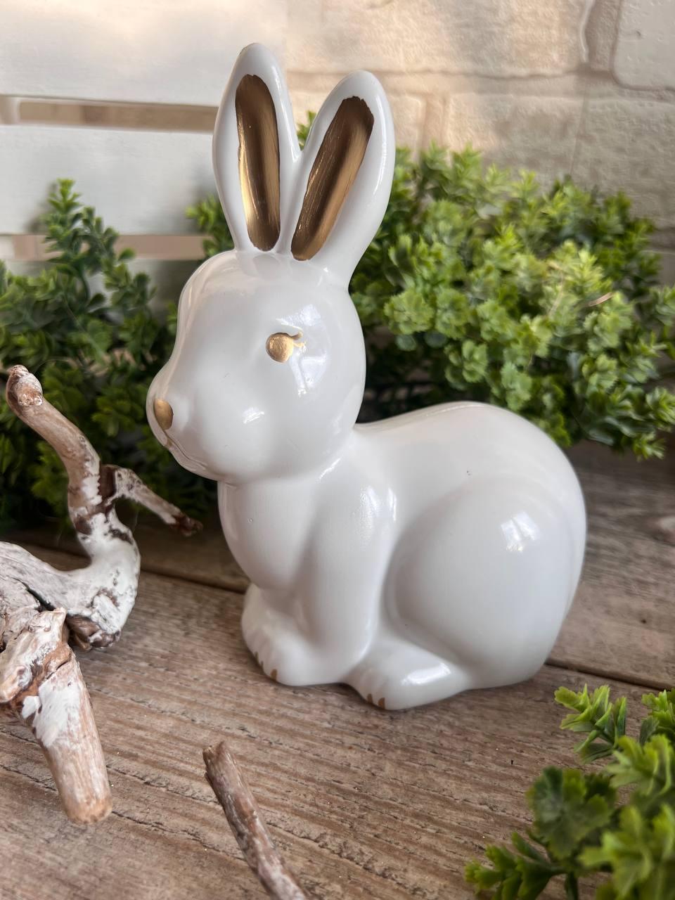 Великодній кролик для прикраси, білий із золотом h 16х15 см, фото 1