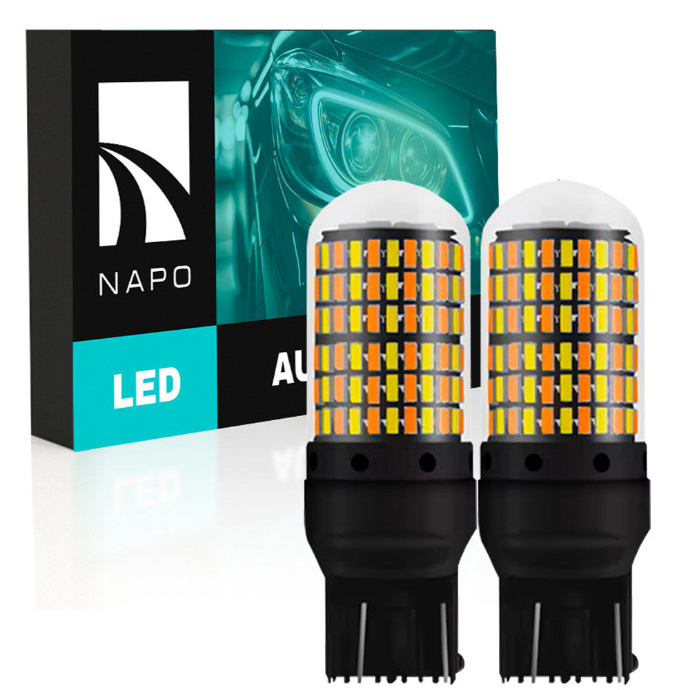 Комплект світлодіодних ламп NAPO LED 7443-3014-144smd W21/5W T20 7443 BAU15S колір світіння білий + бурштиновий 2 шт, фото 1