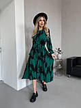 Зелене плаття з чорним принтом з американського крепу з поясом на гумці, фото 2
