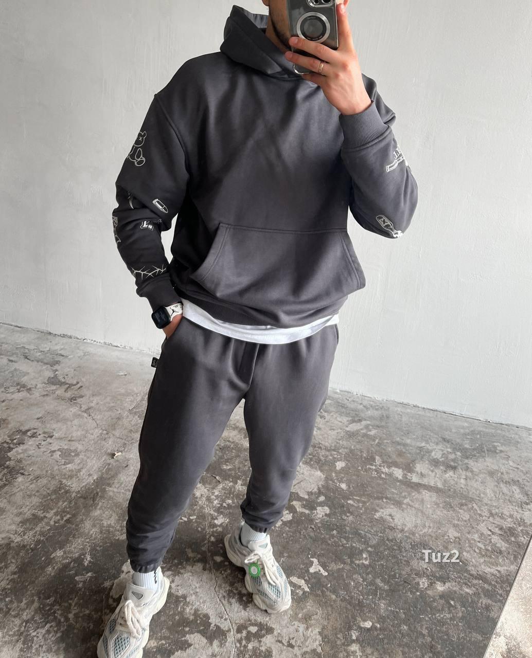 Костюм спортивний чоловічий сірий демісезонний з вишивкою на рукаві оверсайз Embroidery, фото 1
