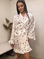 Ніжний шовковий халат з рюшами на запах принт сердечко