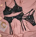 Жіноча чорна спідня білизна ліф, трусики та пояс, фото 3