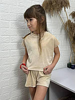 Стильна дитяча піжама для дівчаток з велюра 122-140 у молочному кольорі футболка шорти