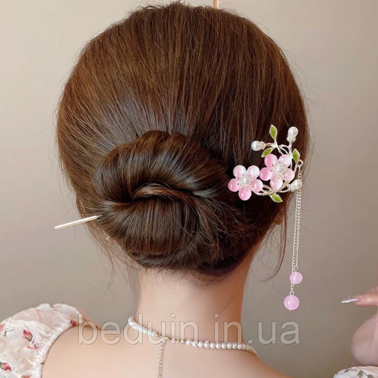 Японська металева паличка, шпилька для волосся "Рожева Сакура" квіти — Aushal Jewellery
