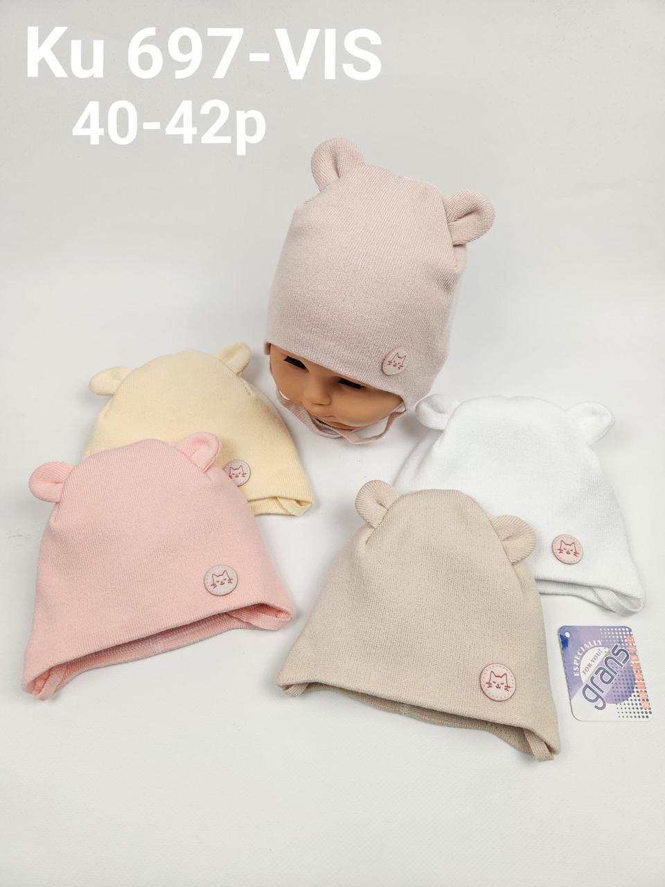 Дитячі польські демісезонні в'язані шапки на трикотажній підкладці оптом для дівчат, р.40-42, Grans