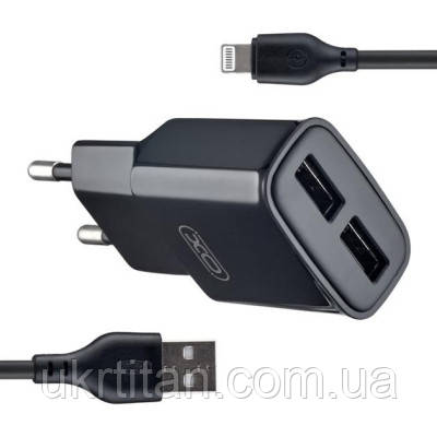 Оригінал! Зарядний пристрій XO L92C (2USB/2.4A) + USB - Lightning Чорний (XO-L92C-L) - Вища Якість!, фото 1