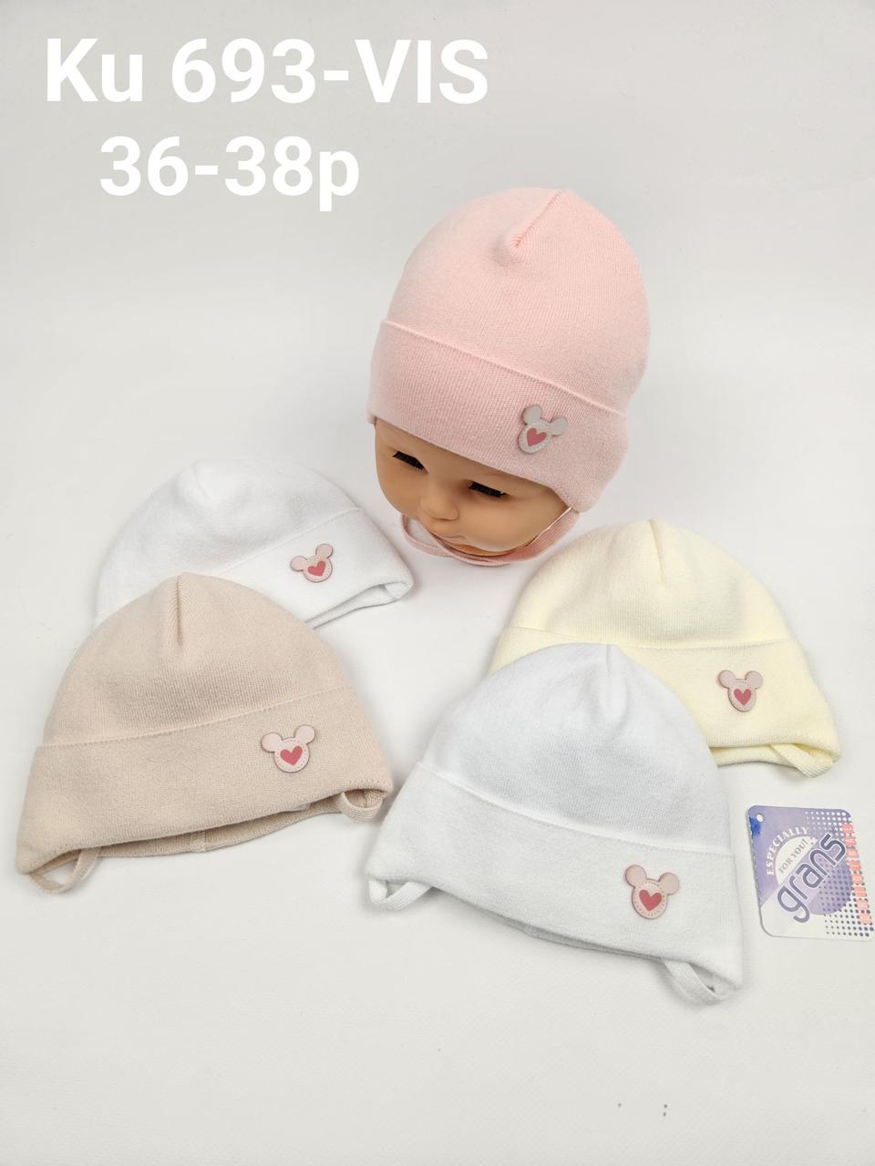 Дитячі польські демісезонні в'язані шапки на трикотажній підкладці оптом для дівчат, р.36-38, Grans