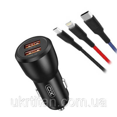 Оригінал! Зарядний пристрій XO CC55 QC3.0 18W (2USB/2.4A) + USB - Lightning + MicroUSB + Type-C Black (XO-CC55-BK) - Вища Якість!, фото 1
