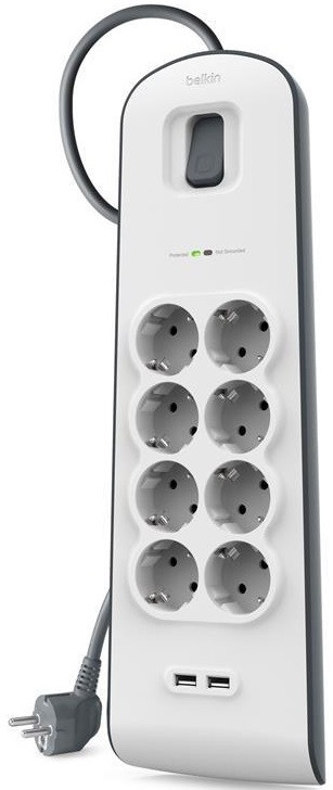 Belkin Подовжувач-фільтр мережевий 8хТип F, 3x1.5мм кв, 16А, 2xUSB-A 2.4A, з захистом від перенапруги, 2м,