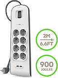 Belkin Подовжувач-фільтр мережевий 8хТип F, 3x1.5мм кв, 16А, 2xUSB-A 2.4A, з захистом від перенапруги, 2м,, фото 3