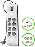 Belkin Подовжувач-фільтр мережевий 8хТип F, 3x1.5мм кв, 16А, 2xUSB-A 2.4A, з захистом від перенапруги, 2м,, фото 4